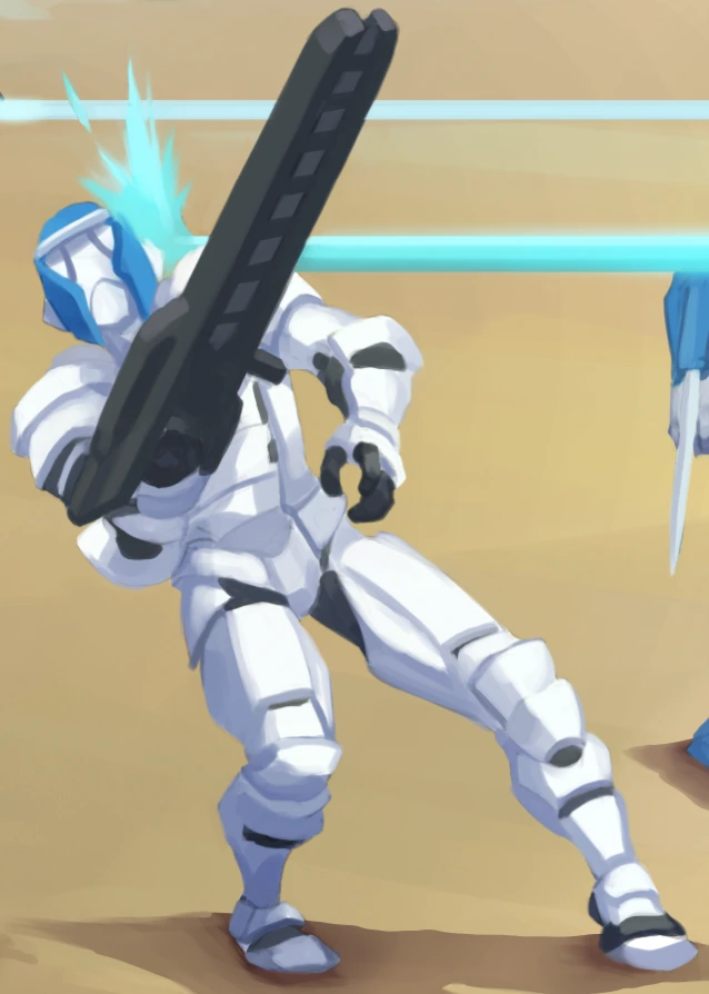 Rifleman dressed in white armour taking an laser beam attack.